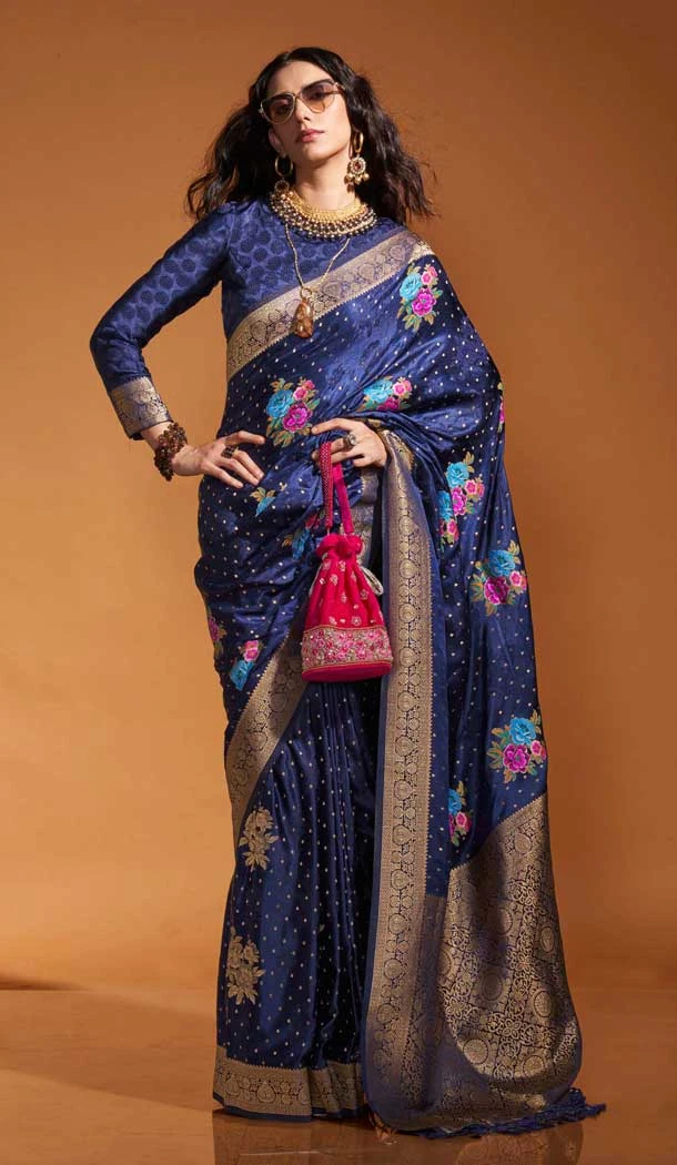 Satin Resham Work Designer Party Wear Saree In Navy Blue - 11302200178