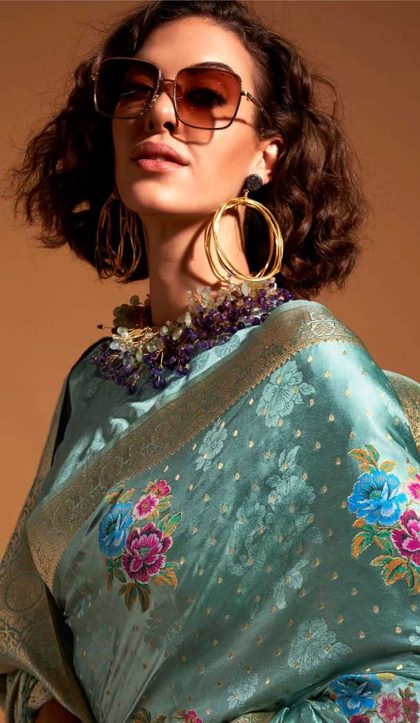 Satin Resham Work Designer Party Wear Saree In Mint Green - 11302200179