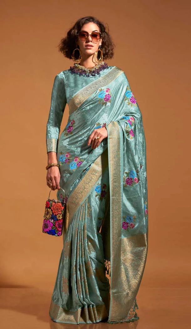 Satin Resham Work Designer Party Wear Saree In Mint Green - 11302200179