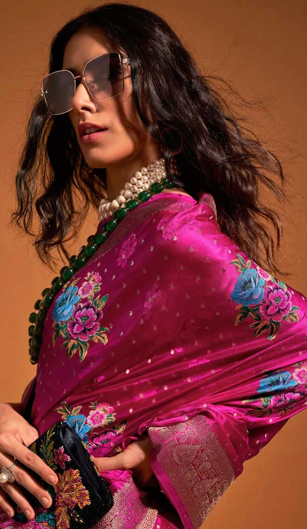 Satin Resham Work Designer Party Wear Saree In Rani Pink - 11302200180