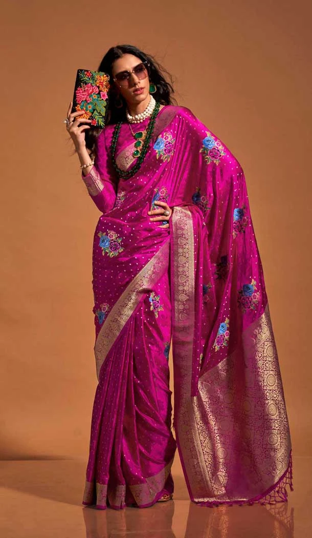 Satin Resham Work Designer Party Wear Saree In Rani Pink - 11302200180