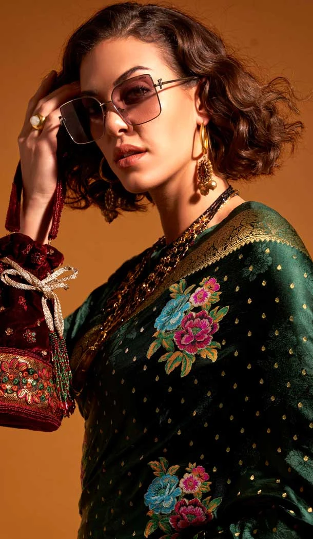 Satin Resham Work Designer Party Wear Saree In Dark Green - 11302200181