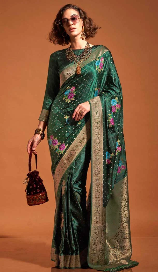 Satin Resham Work Designer Party Wear Saree In Dark Green - 11302200181
