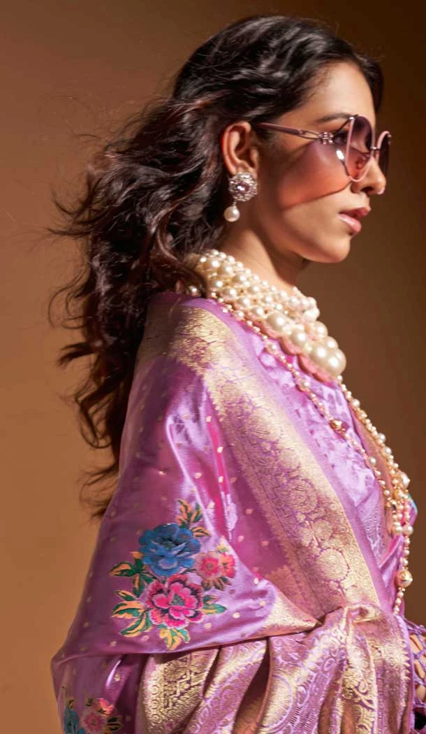 Satin Resham Work Designer Party Wear Saree In Lavender - 11302200182