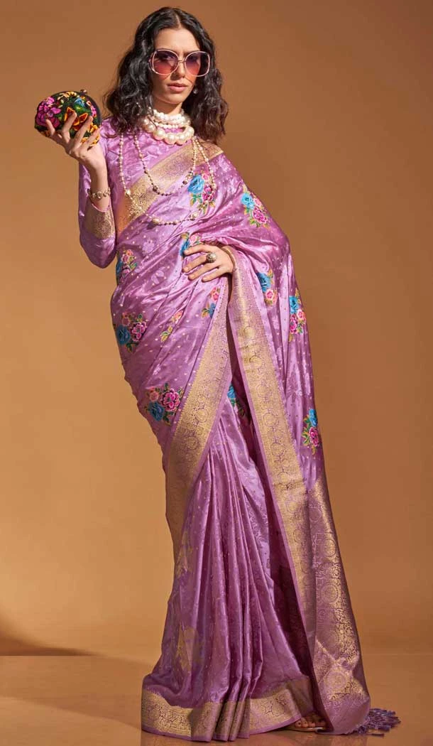 Satin Resham Work Designer Party Wear Saree In Lavender - 11302200182