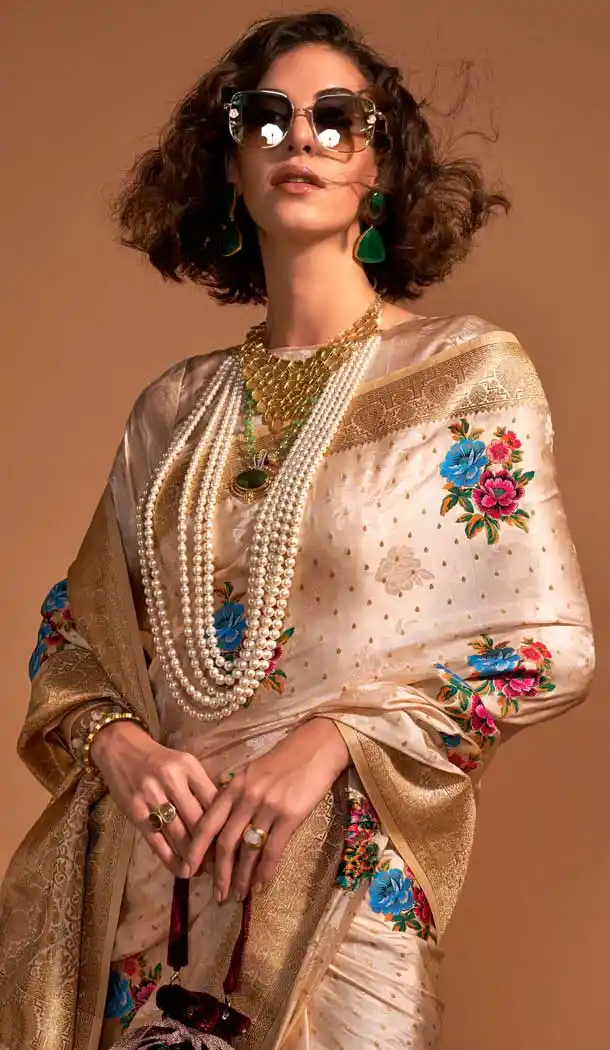Satin Resham Work Designer Party Wear Saree In Cream - 11302200183