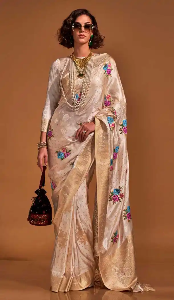 Satin Resham Work Designer Party Wear Saree In Cream - 11302200183