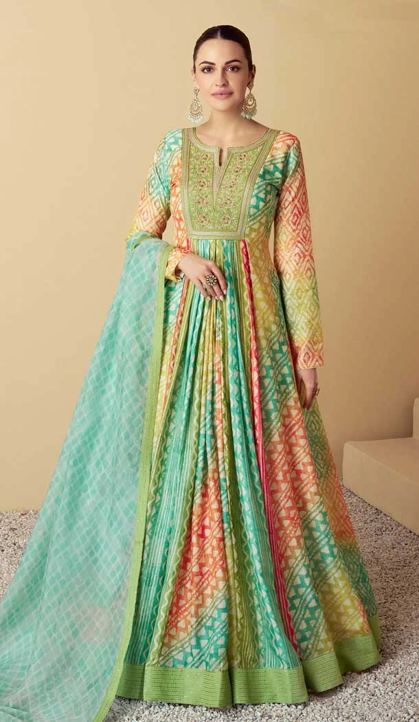 Sea Green Muslin Printed Party Wear Designer Gown With Dupatta - 11385200575