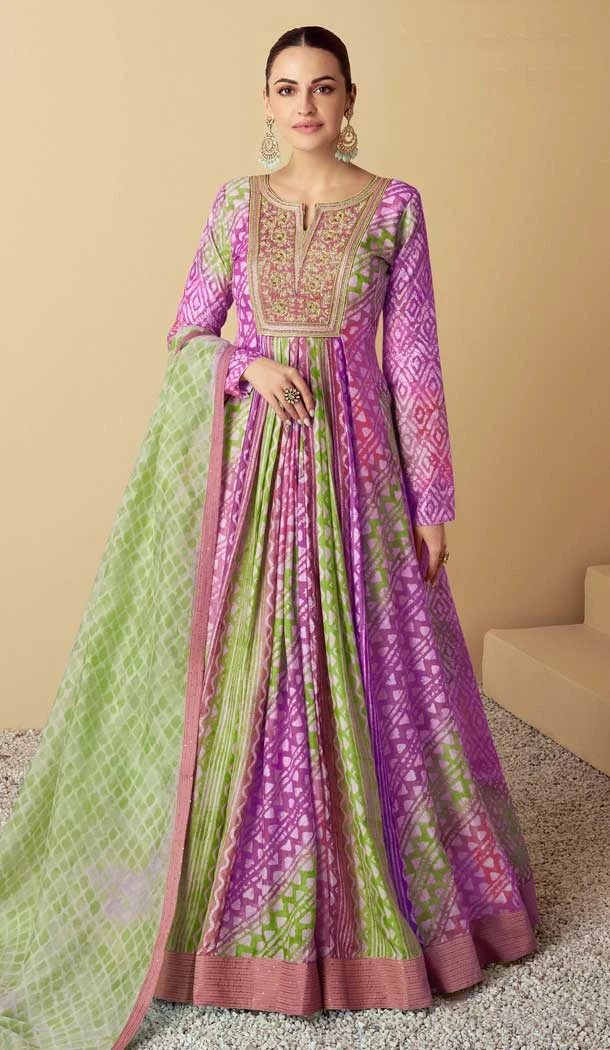 Lavender Muslin Printed Party Wear Designer Gown With Dupatta - 11385200576