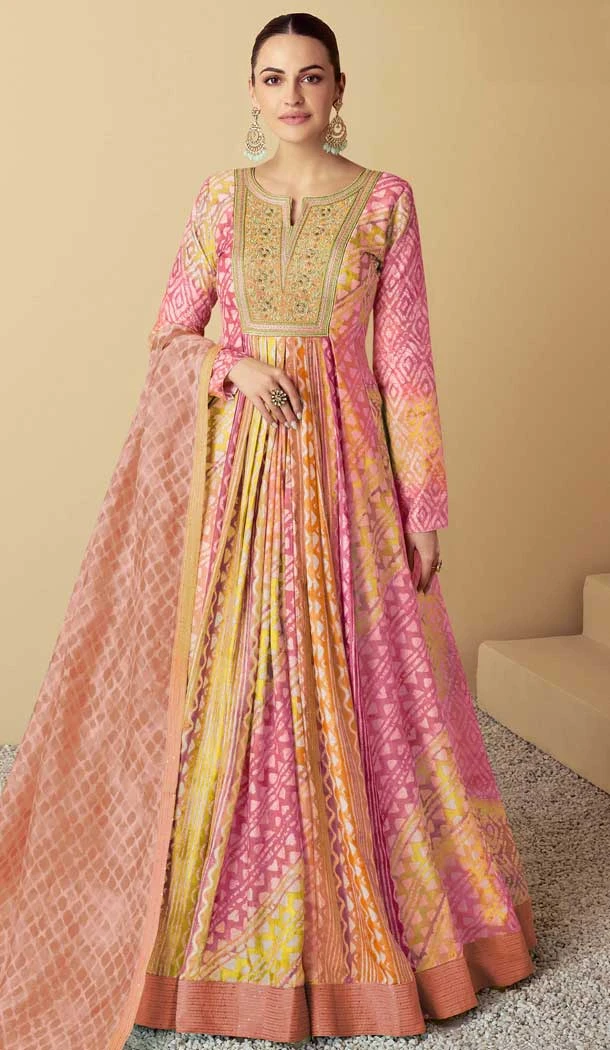 Peach Muslin Printed Party Wear Designer Gown With Dupatta - 11385200577