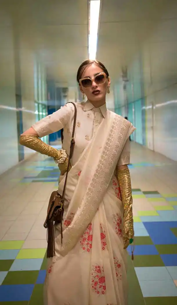 Cream Habotai Silk Resham Work Party Wear Saree - 11307200208