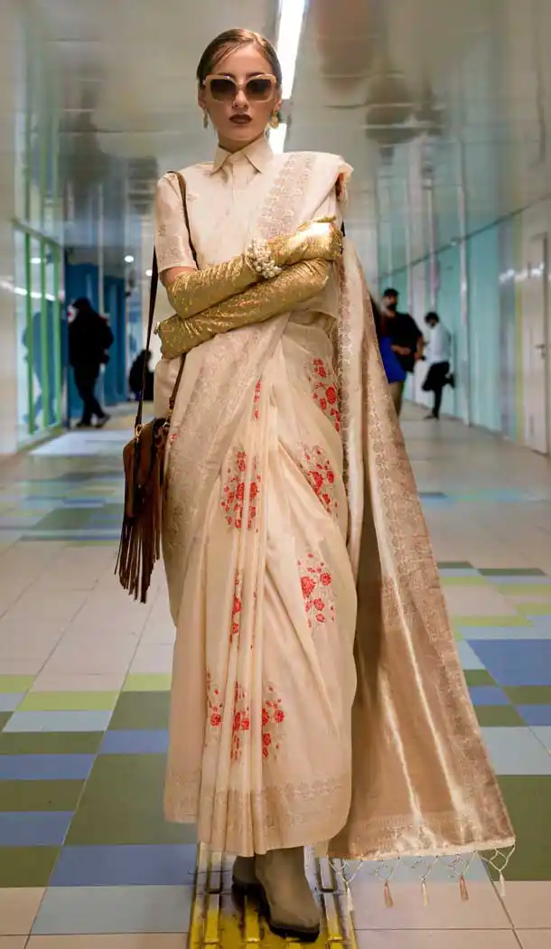 Cream Habotai Silk Resham Work Party Wear Saree - 11307200208