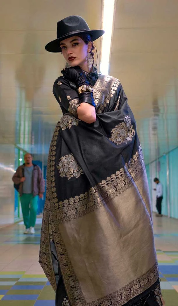 Black Habotai Silk Resham Work Party Wear Saree - 11307200209
