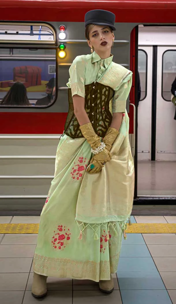 Pista Green Habotai Silk Resham Work Party Wear Saree - 11307200211
