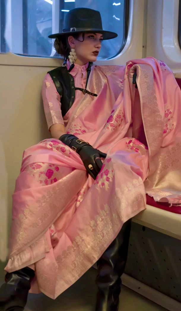 Pink Habotai Silk Resham Work Party Wear Saree - 11307200212