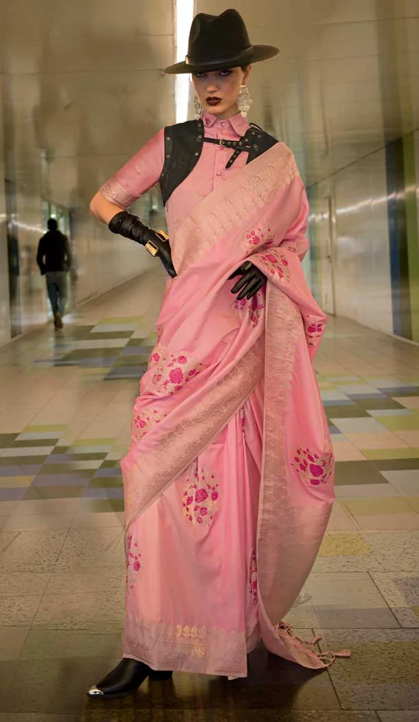 Pink Habotai Silk Resham Work Party Wear Saree - 11307200212