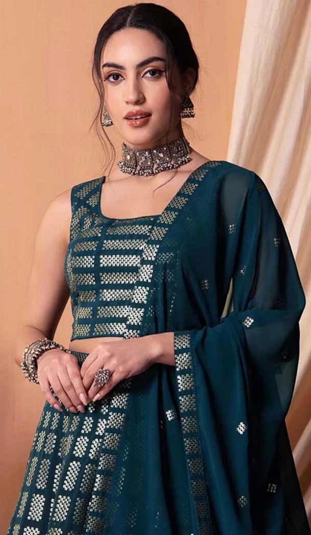 Teal Blue Georgette Sequins Work Party Wear Lehenga Choli - 11355200413