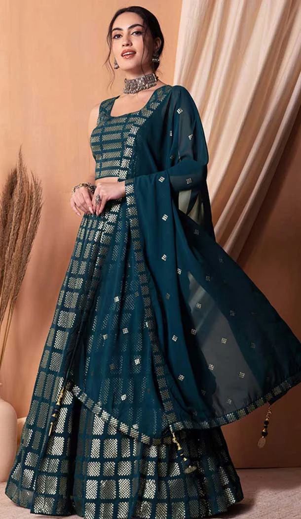 Teal Blue Georgette Sequins Work Party Wear Lehenga Choli - 11355200413