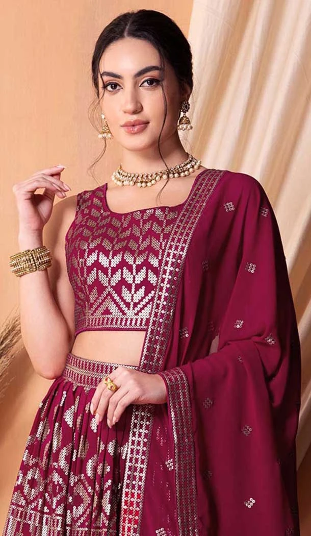 Wine Georgette Sequins Work Party Wear Lehenga Choli - 11355200414