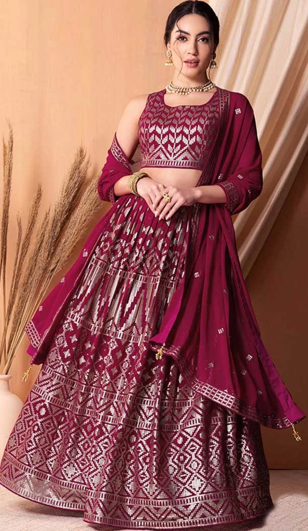 Wine Georgette Sequins Work Party Wear Lehenga Choli - 11355200414