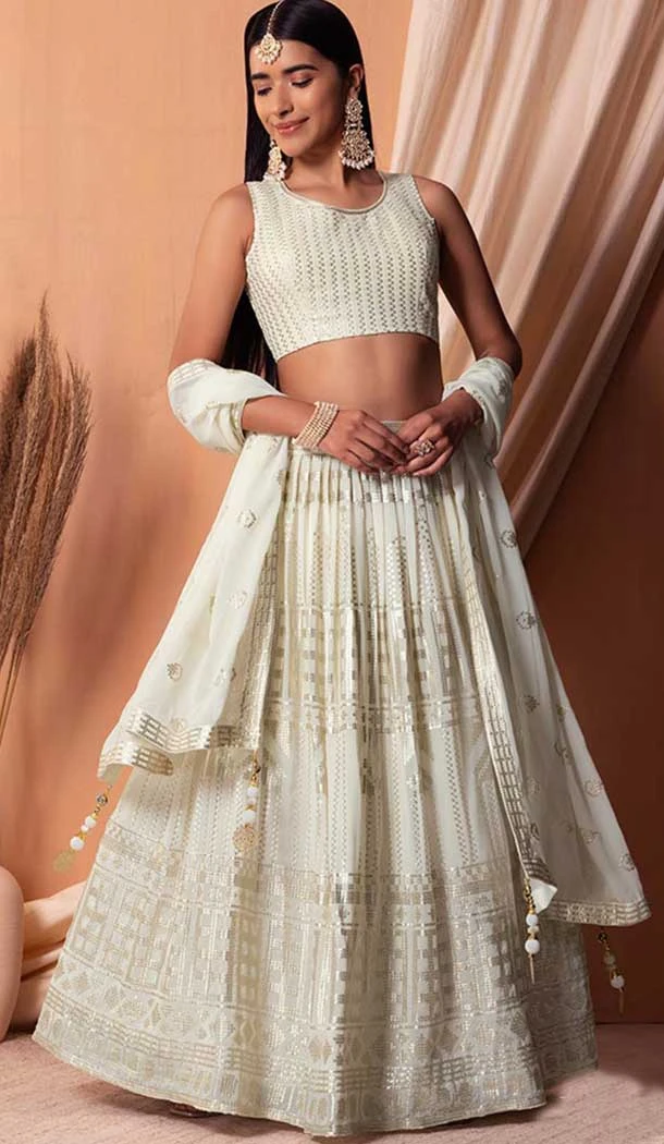 Off White Georgette Sequins Work Party Wear Lehenga Choli - 11355200415