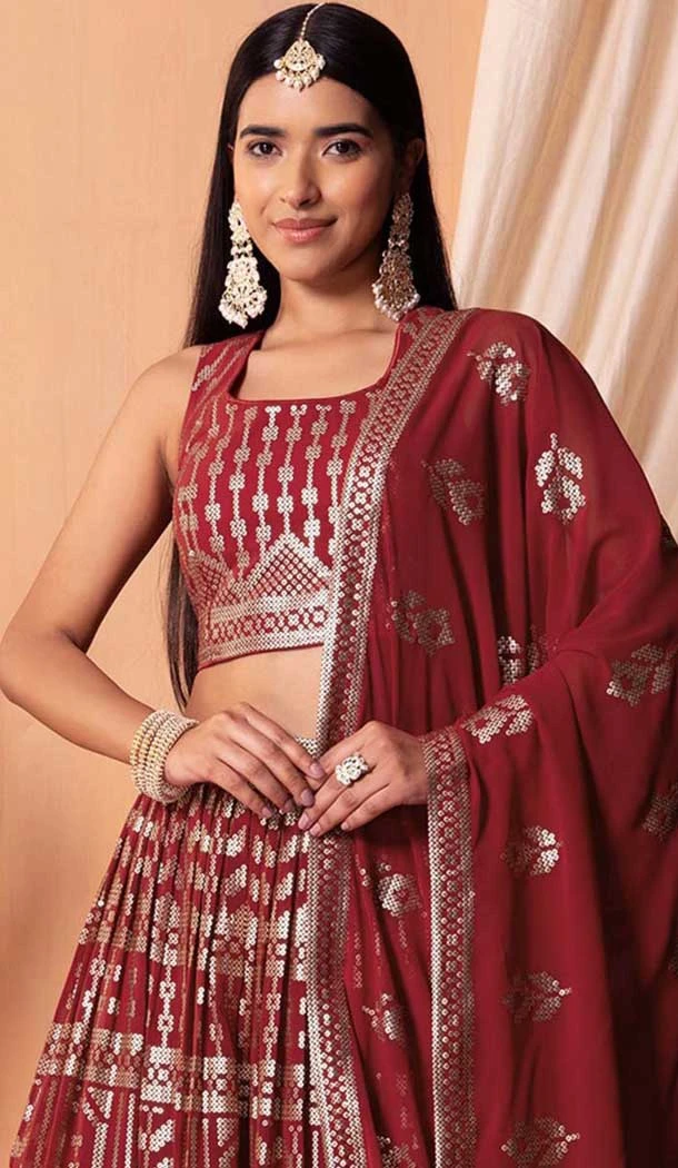 Maroon Georgette Sequins Work Party Wear Lehenga Choli - 11355200416