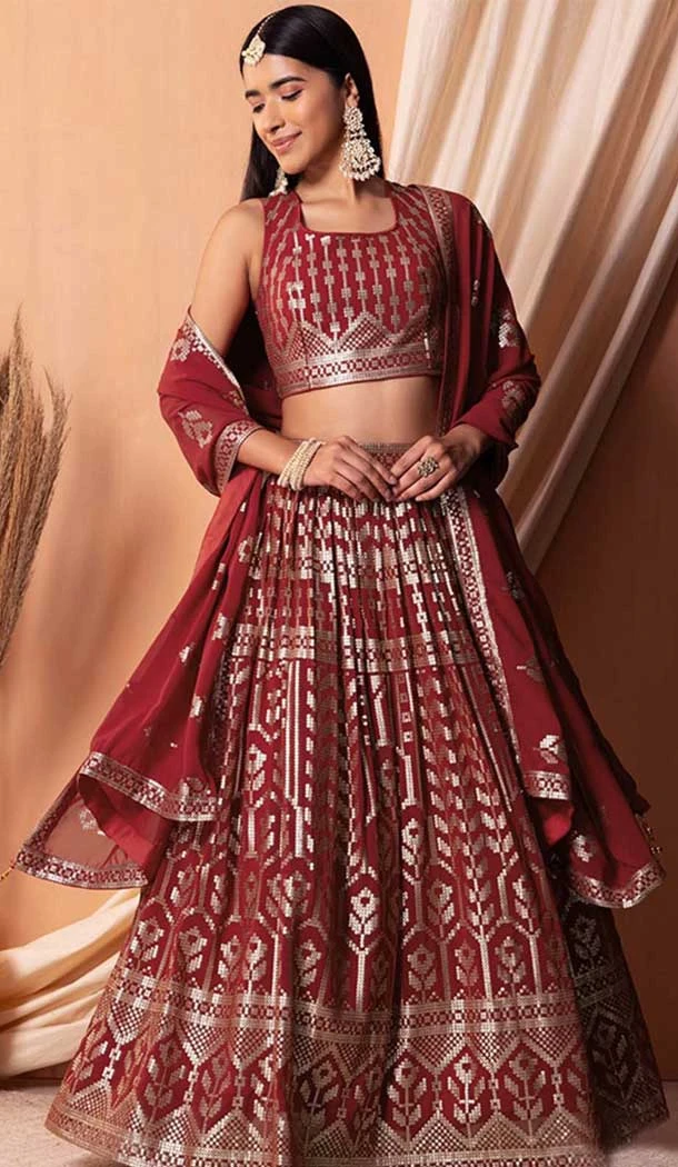 Maroon Georgette Sequins Work Party Wear Lehenga Choli - 11355200416