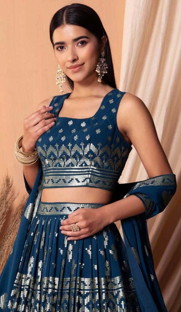 Navy Blue Georgette Sequins Work Party Wear Lehenga Choli - 11355200417