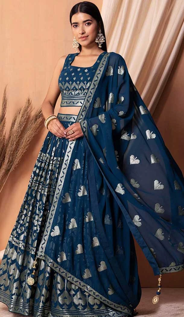 Navy Blue Georgette Sequins Work Party Wear Lehenga Choli - 11355200417