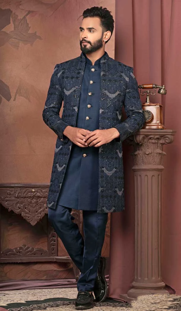 Peacock Silk Resham Work Readymade Men Wedding Wear Sherwani - 11470201137