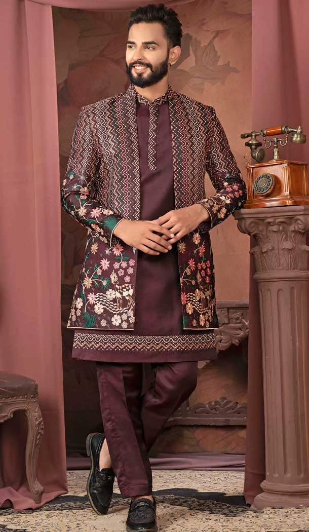 Wine Silk Resham Work Readymade Men Wedding Wear Sherwani - 11470201138
