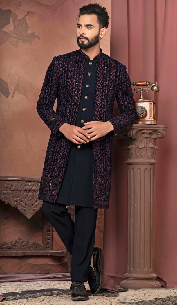 Navy Blue Velvet Resham Work Readymade Men Wedding Wear Sherwani - 11470201139
