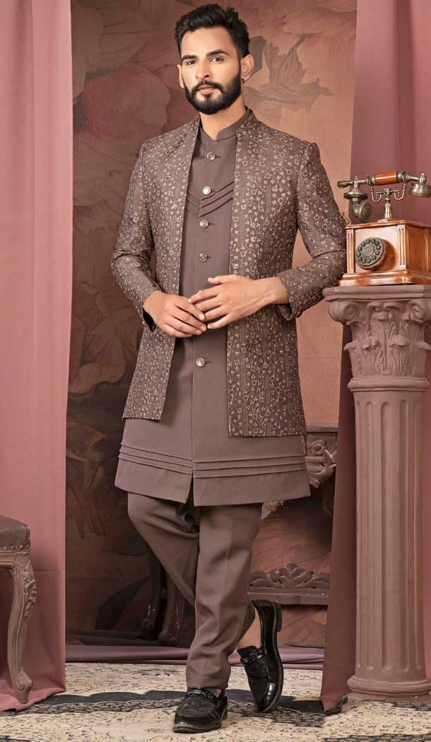 Chocolate Silk Resham Work Readymade Men Wedding Wear Sherwani - 11470201140