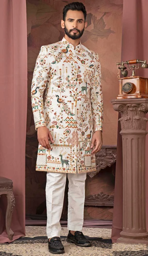 White Silk Resham Work Readymade Men Wedding Wear Sherwani - 11470201141