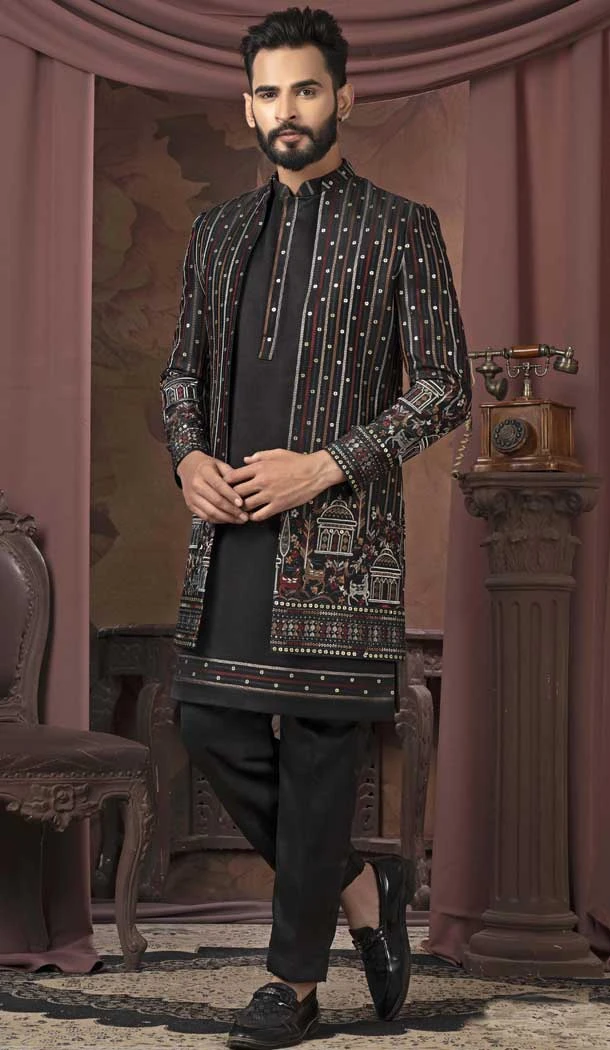 Black Satin Resham Work Readymade Men Wedding Wear Sherwani - 11470201142