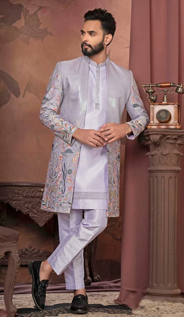 Purple Silk Resham Work Readymade Men Wedding Wear Sherwani - 11470201143