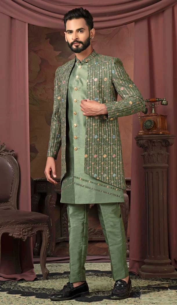 Mahendi Silk Resham Work Readymade Men Wedding Wear Sherwani - 11470201144