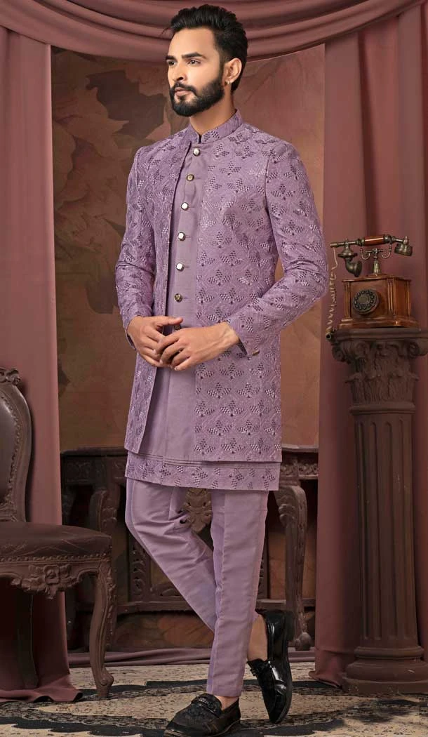 Violet Silk Resham Work Readymade Men Wedding Wear Sherwani - 11470201145
