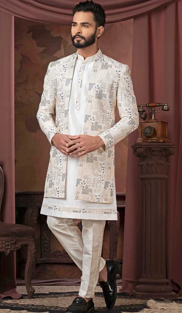White Silk Sequins Work Readymade Men Wedding Wear Sherwani - 11470201146