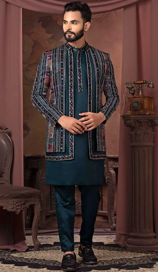Peacock Velvet Resham Work Readymade Men Wedding Wear Sherwani - 11470201147