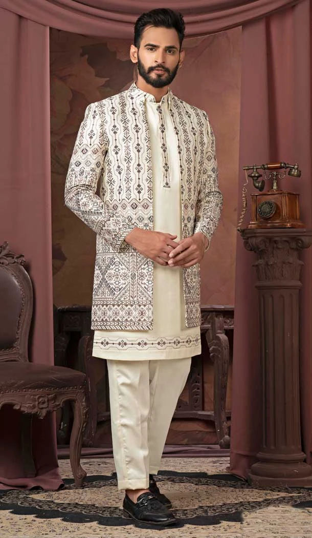 Cream Satin Resham Work Readymade Men Wedding Wear Sherwani - 11470201148