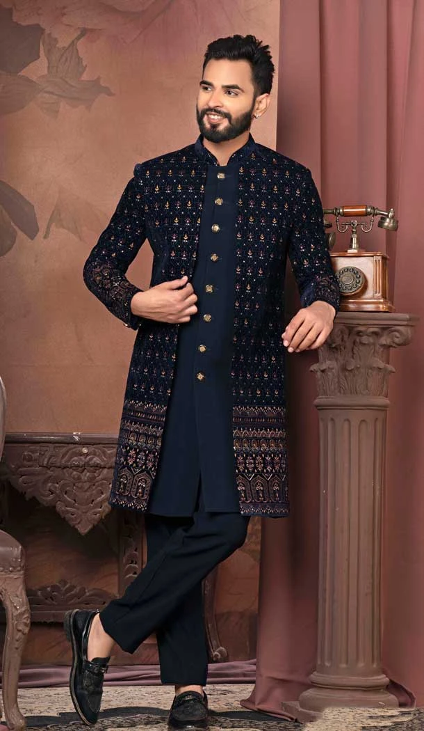 Navy Blue Velvet Sequins Work Readymade Men Wedding Wear Sherwani - 11470201149