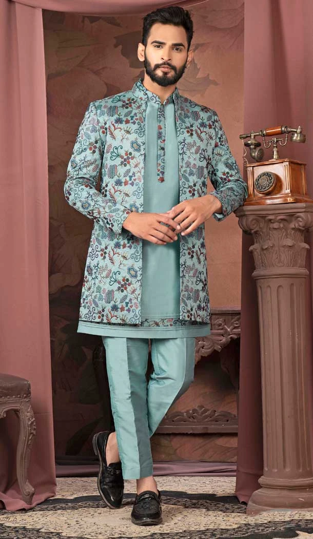 Sky Blue Silk Resham Work Readymade Men Wedding Wear Sherwani - 11470201150