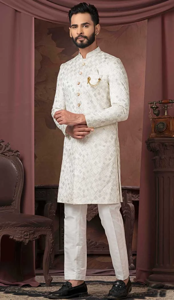 White Resham Work Silk Readymade Men Wedding Wear Sherwani - 11470201151