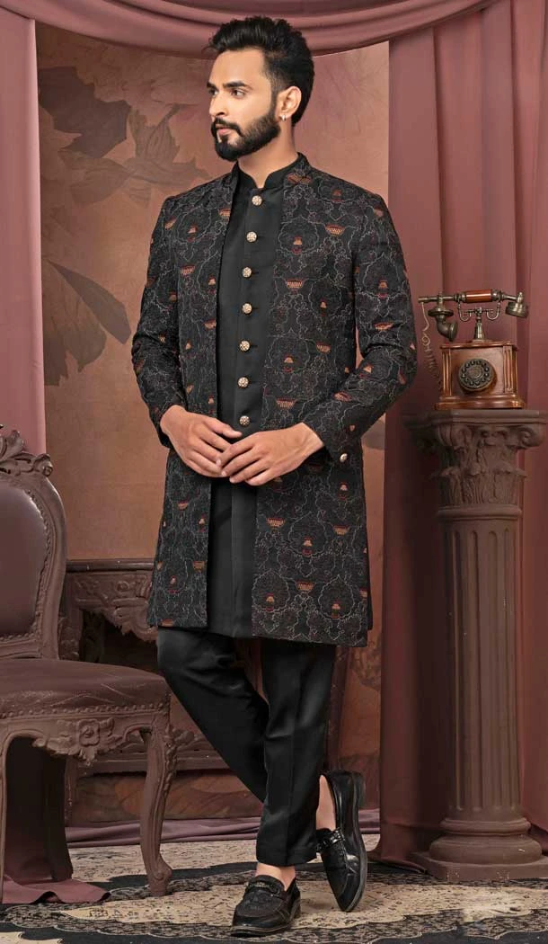 Black Silk Resham Work Readymade Men Wedding Wear Sherwani - 11470201152