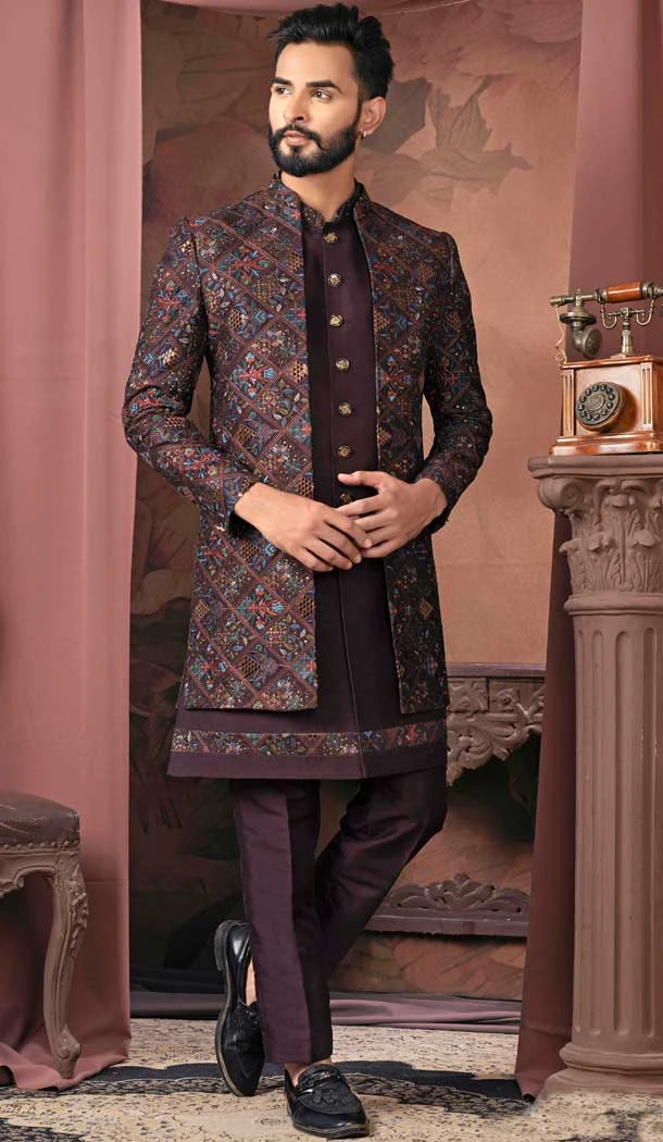 Wine Silk Sequins Work Readymade Men Wedding Wear Sherwani - 11470201154