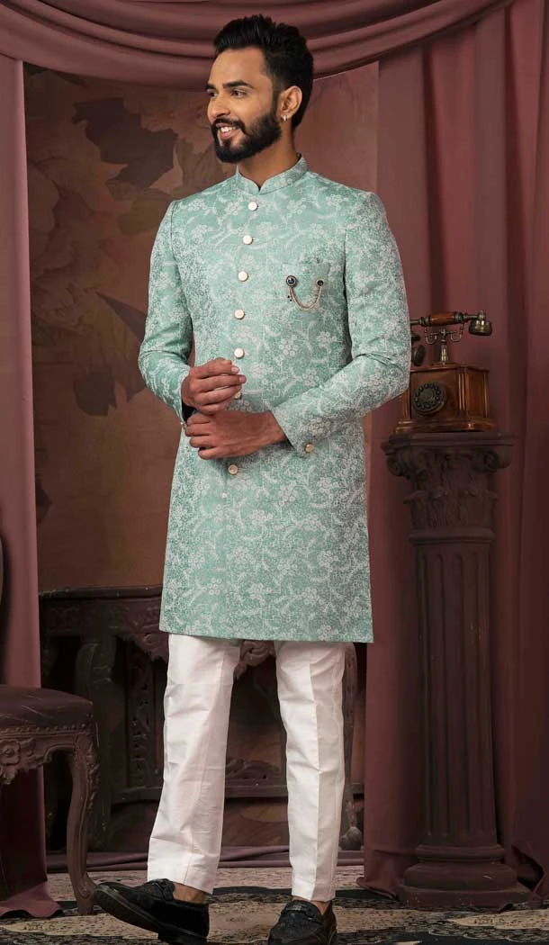 Sea Green Jacquard Resham Work Readymade Men Wedding Wear Sherwani - 11470201155