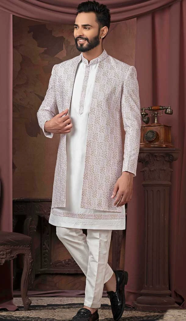White Purple Silk Resham Work Readymade Men Wedding Wear Sherwani - 11470201156