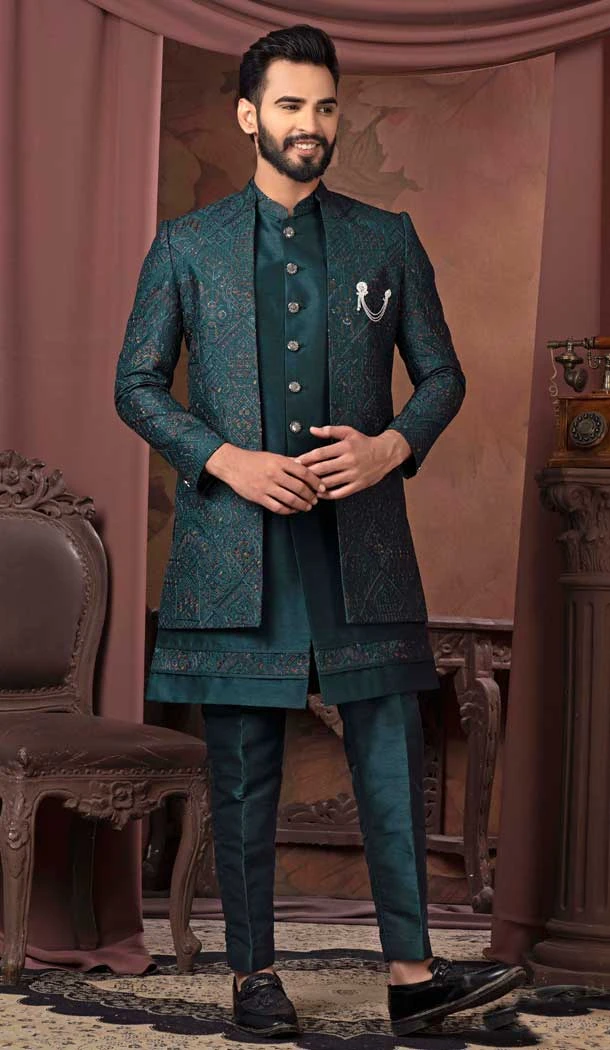 Peacock Silk Sequins Work Readymade Men Wedding Wear Sherwani - 11470201157