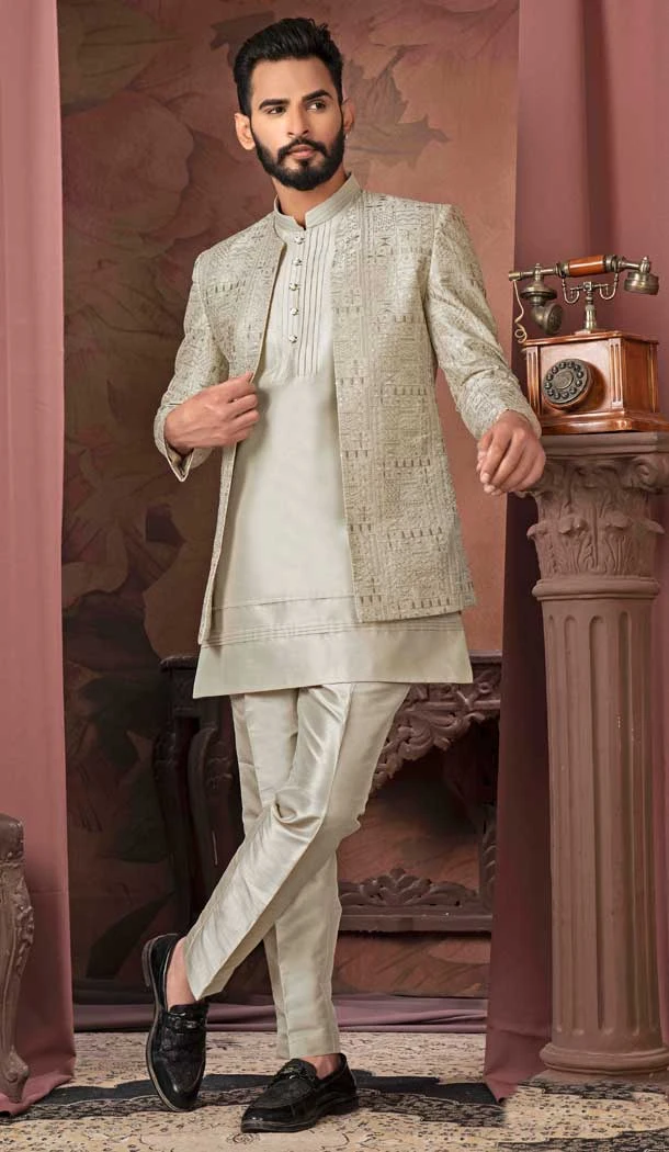Beige Silk Resham Work Readymade Men Wedding Wear Sherwani - 11470201158